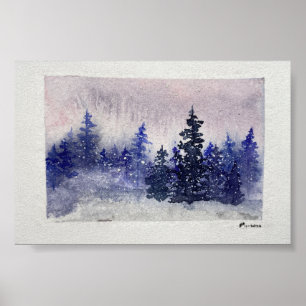 Winter Forest Twilight Firs Watercolor Art Print