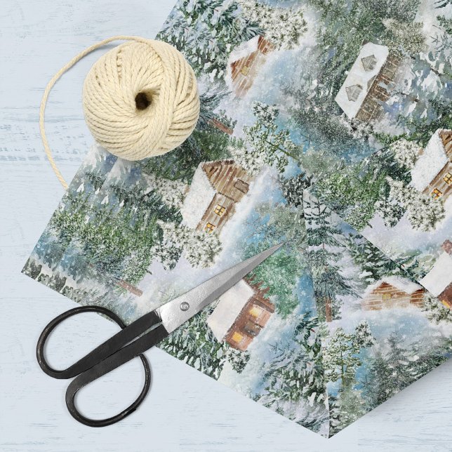Winter Forest Watercolor Christmas Cabins Tissue Paper (Creator Uploaded)