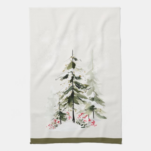 Winter Forest Watercolor Christmas Tea Towel (Vertical)