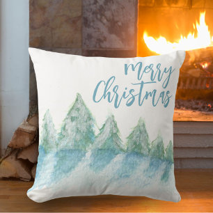 Winter Forest Watercolor Drawing Merry Christmas Cushion