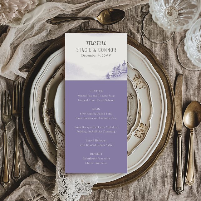 Winter Forest Watercolor Lavender Wedding Menu (Wedding Menu from my Winter Forest Lavender Wedding Collection)
