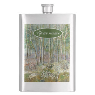 winter forest Watercolor painting Hip Flask