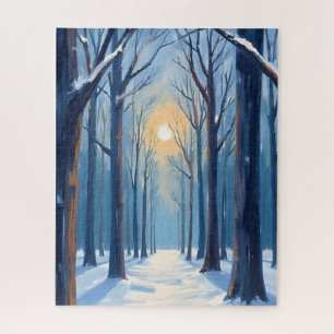 Winter Forest Watercolor Trees Blue Jigsaw Puzzle