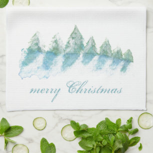 Winter Forest with Snow Watercolor Christmas Tea Towel