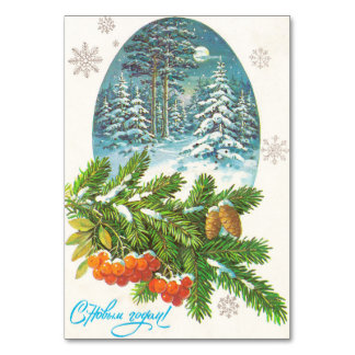 Winter forest with spruce branches table number