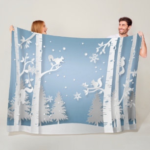 Winter Forest with Squirrels Papercut Fleece Blanket