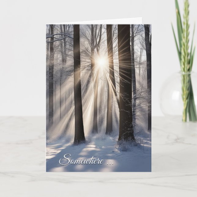 Winter Forest With Sunbeams Holiday Card (Front)