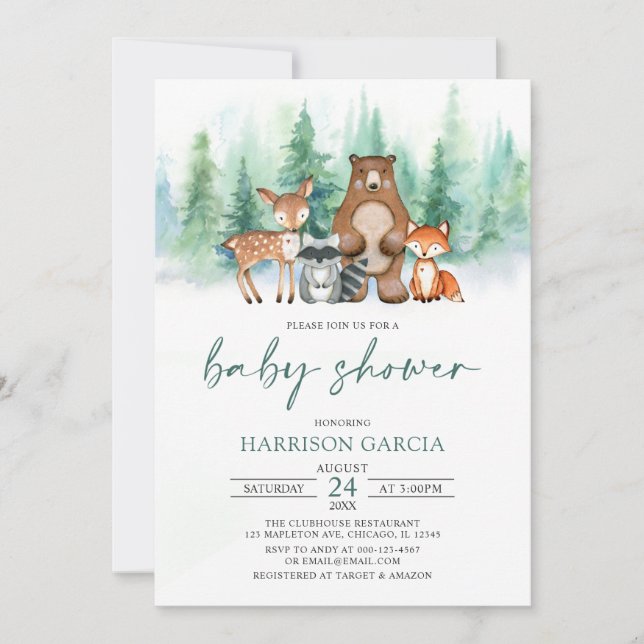 Winter forest Woodland Animals Baby Shower Invitation (Front)