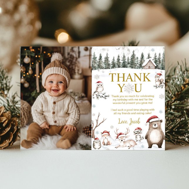 Winter Forest Woodland Animals Birthday Photo  Thank You Card (Creator Uploaded)