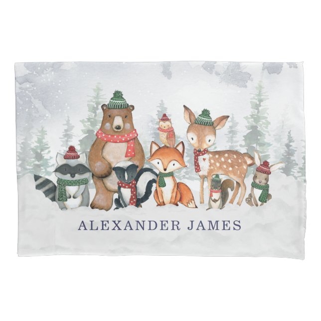 Winter Forest Woodland Animals Boy Nursery Pillowcase (Front)