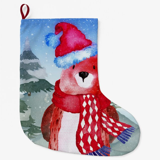 Winter Forest Woodland Friends Bear Illustration Large Christmas Stocking (Front)