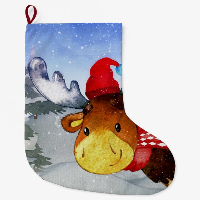 Winter Forest Woodland Friends Deer Illustration Large Christmas Stocking (Front)