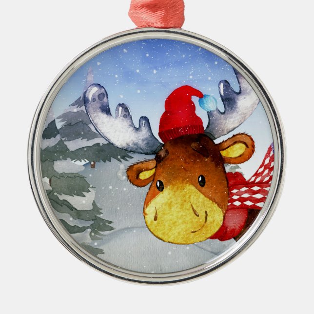 Winter Forest Woodland Friends Deer Illustration Metal Tree Decoration (Front)