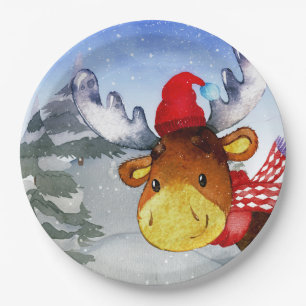 Winter Forest Woodland Friends Deer Illustration Paper Plate