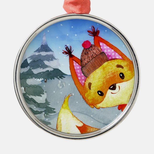 Winter Forest Woodland Friends Fox Illustration Metal Tree Decoration (Front)