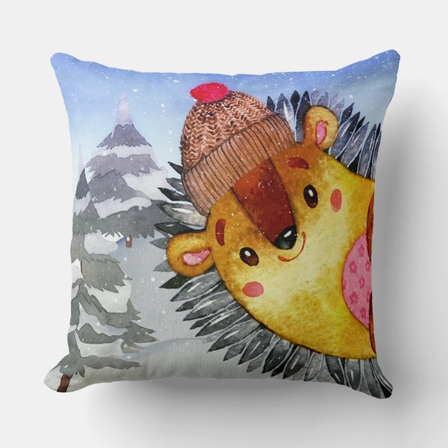 Winter Forest Woodland Friends Hedgehog Drawing Cushion (Front)