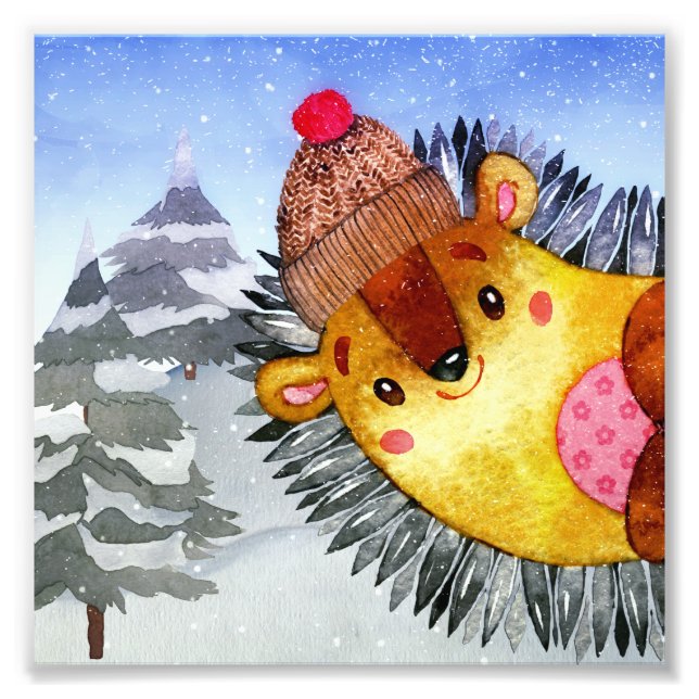 Winter Forest Woodland Friends Hedgehog Drawing Photo Print (Front)