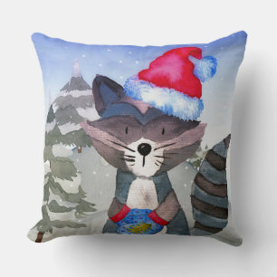 Winter Forest Woodland Friends Racoon Illustration Cushion