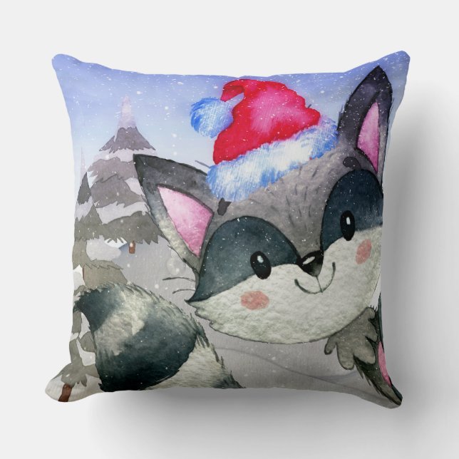 Winter Forest Woodland Friends Racoon Illustration Cushion (Front)