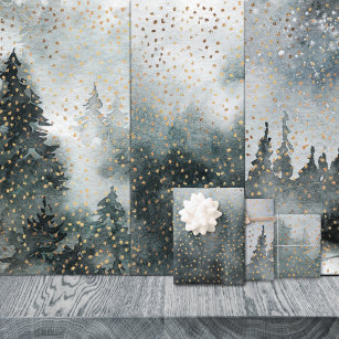 Winter Forest Woodland Golden Snow Watercolor Wrapping Paper Sheet