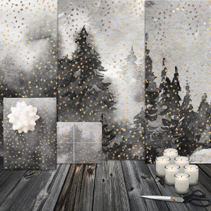 Winter Forest Woodland II Golden Snow Watercolor Wrapping Paper Sheet