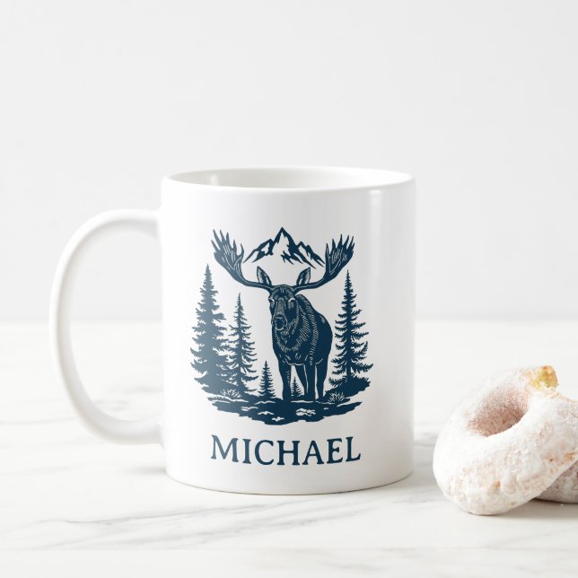 Winter Forest Woodland Moose Personalized   Coffee Mug (With Donut)