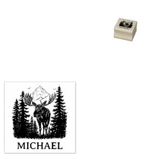 Winter Forest Woodland Moose Personalized   Rubber Stamp
