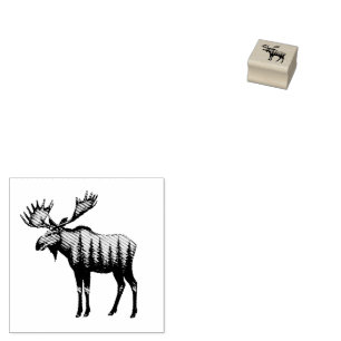 Winter Forest Woodland Moose  Rubber Stamp