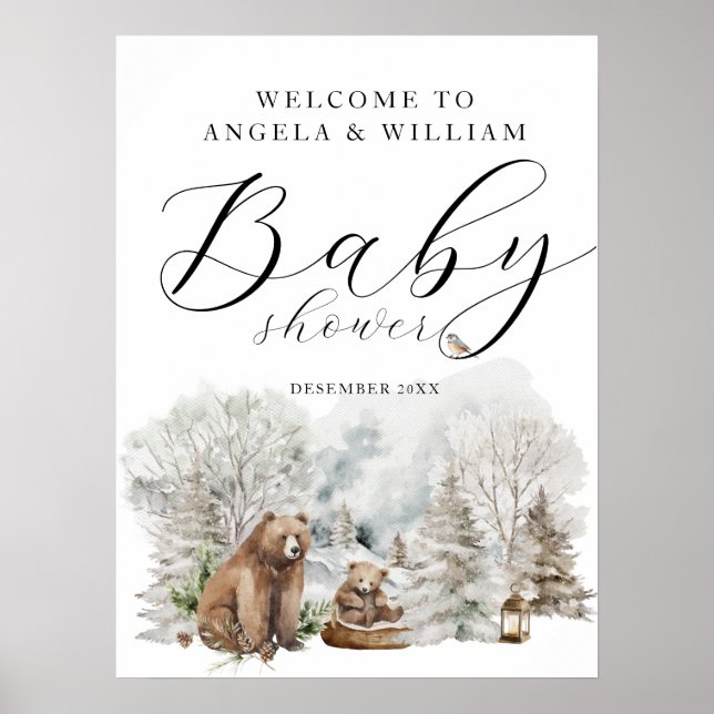Winter Forest Woodland Rustic Baby Shower Welcome Poster (Front)