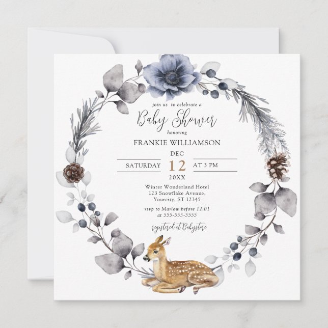 Winter Forest Wreath Woodland Animals Baby Shower Invitation (Front)