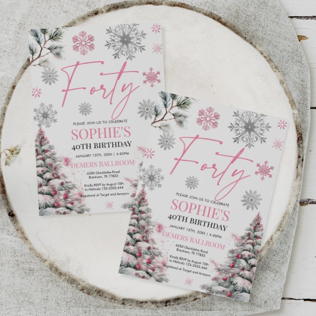 Winter Forty Birthday Invitation, Pink and Silver Invitation (Creator Uploaded)