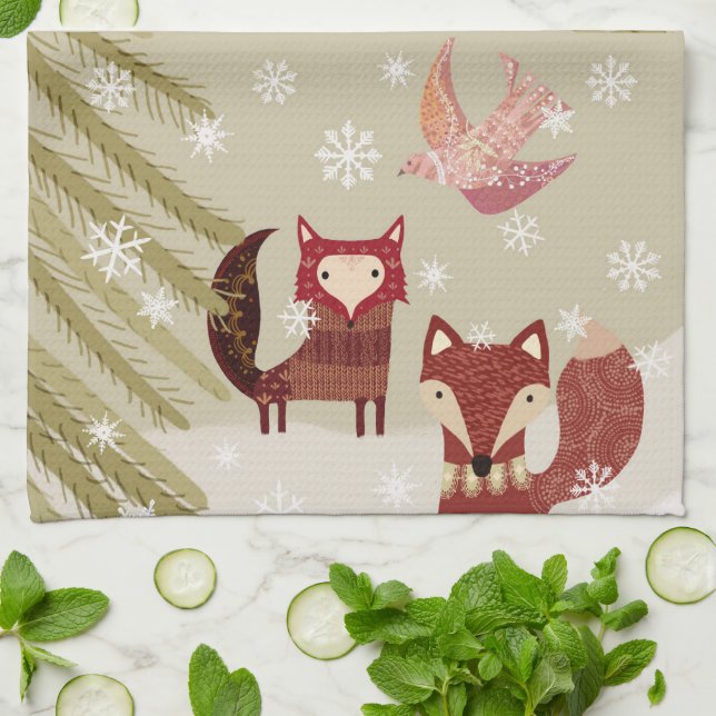 Winter Fox and Dove Kitchen Towel (Folded)
