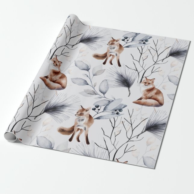 Winter Fox Botanical Watercolor Wrapping Paper (Unrolled)