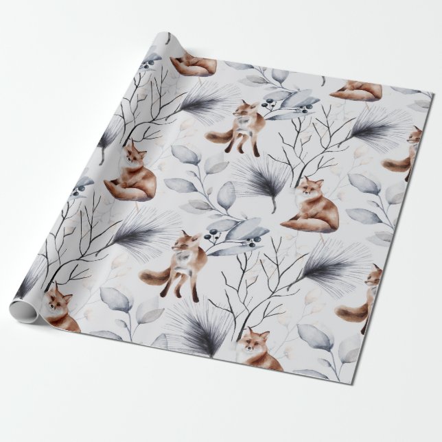 Winter Fox Botanical Watercolor Wrapping Paper (Unrolled)