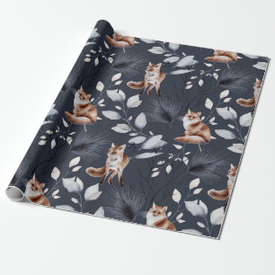 Winter Fox Botanical Watercolor Wrapping Paper