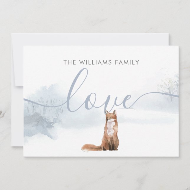 Winter Fox Holidays Family Name Simple Elegant Holiday Card (Front)