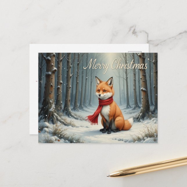 Winter Fox in Magical Forest Christmas Postcard (Front/Back In Situ)