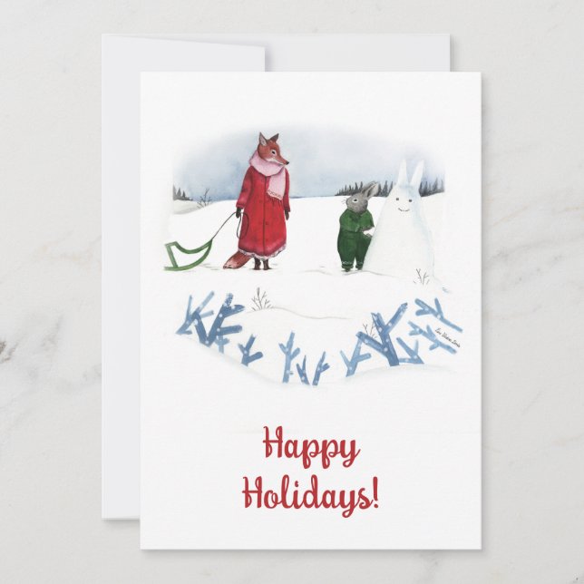 Winter Fox Rabbit Illustration Christmas Card (Front)