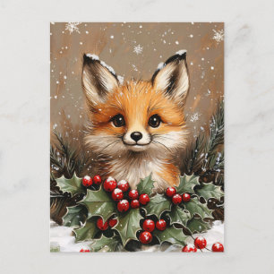Winter Fox with Holly and Snowy Pine Postcard