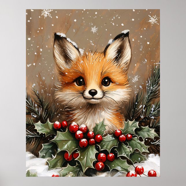 Winter Fox with Holly and Snowy Pine Poster (Front)