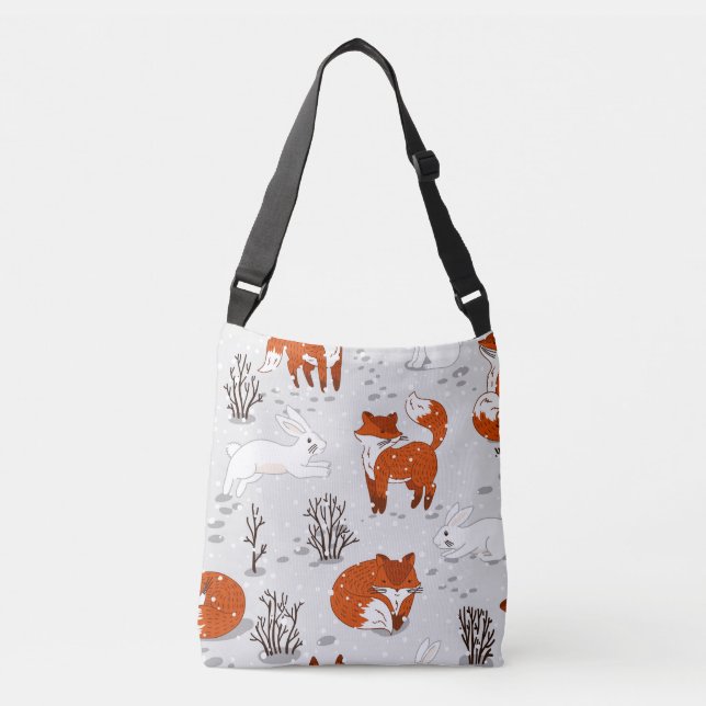 Winter Foxes Bunny Seamless Pattern Crossbody Bag (Front)