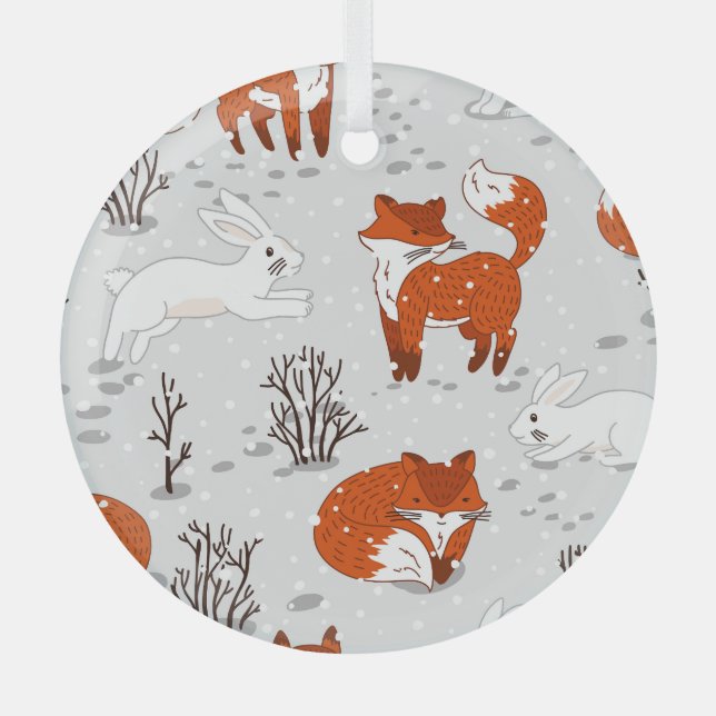 Winter Foxes Bunny Seamless Pattern Glass Tree Decoration (Front)