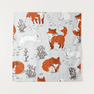 Winter Foxes Bunny Seamless Pattern Tapestry
