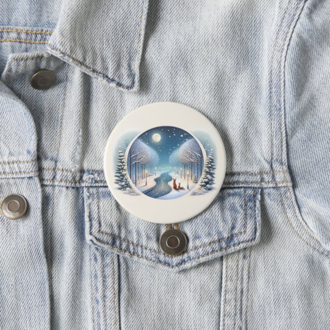 Winter Foxes by Moonlit Snowy River 7.5 Cm Round Badge (In Situ)