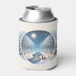 Winter Foxes by Moonlit Snowy River Can Cooler