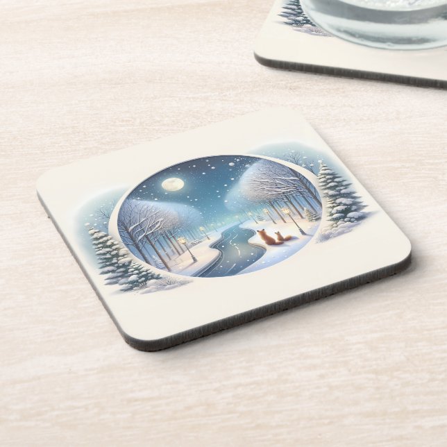 Winter Foxes by Moonlit Snowy River Coaster (Left Side)