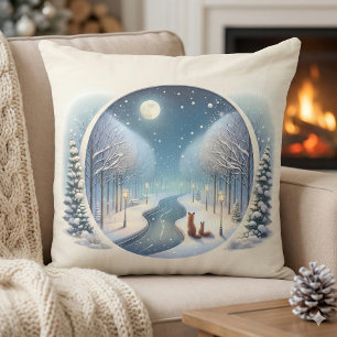 Winter Foxes by Moonlit Snowy River Cushion