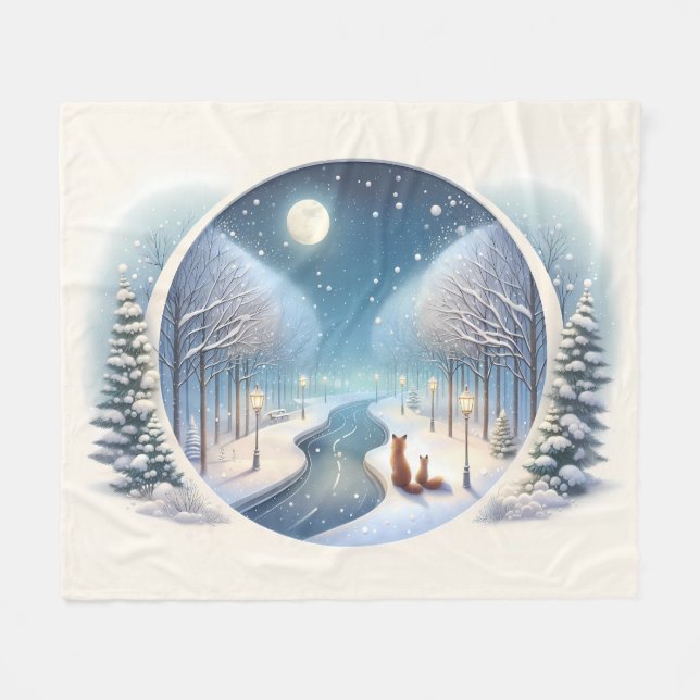 Winter Foxes by Moonlit Snowy River Fleece Blanket (Front (Horizontal))