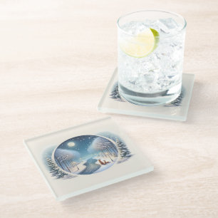 Winter Foxes by Moonlit Snowy River Glass Coaster