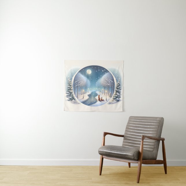 Winter Foxes by Moonlit Snowy River Tapestry (In Situ (Horizontal))